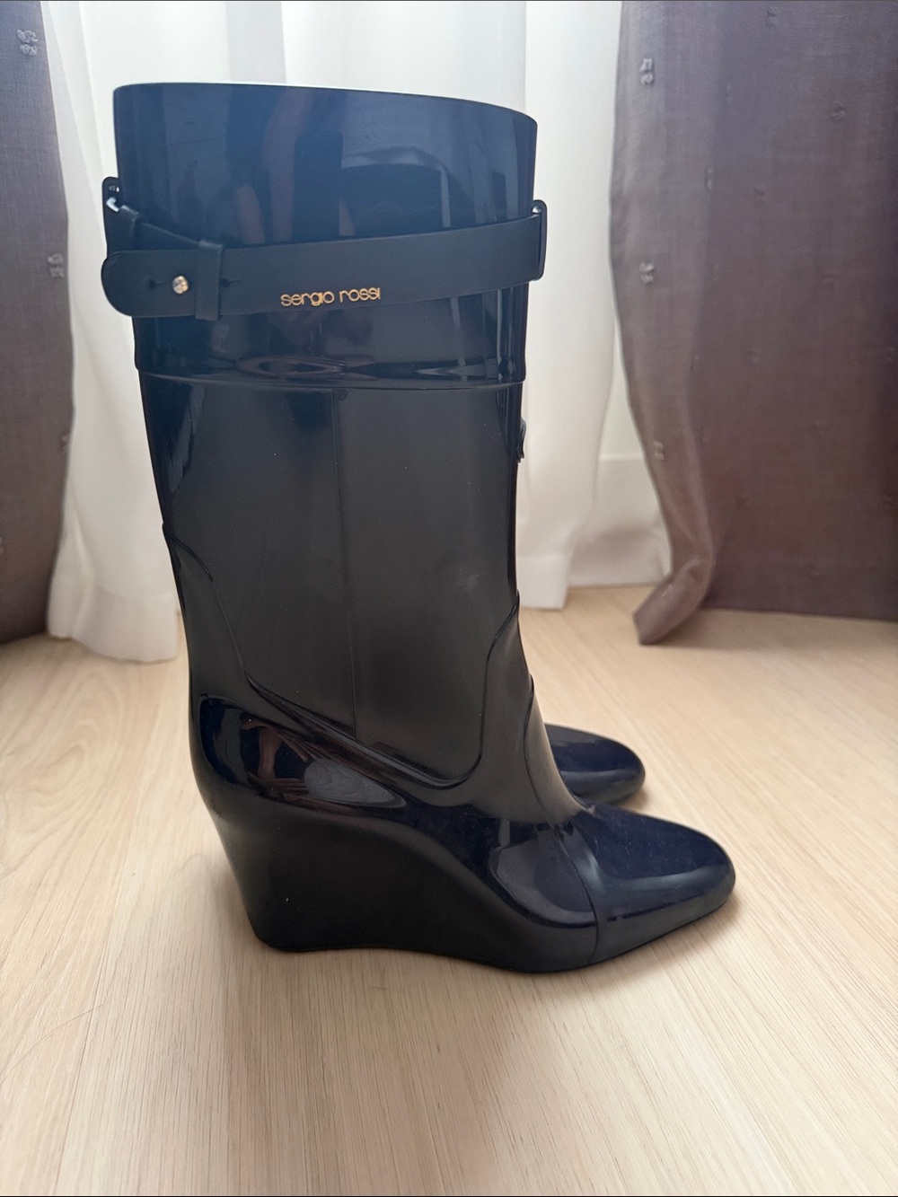 Sergio Rossi Glossy Black Wedge Rain Boots